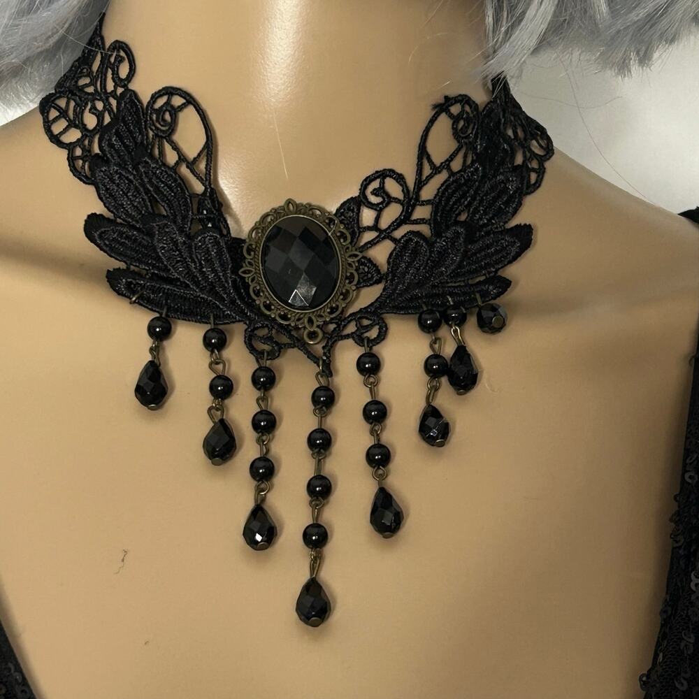 Gothic Black Lace Choker Necklace Cameo Beaded Dangle Victorian Costume 16”